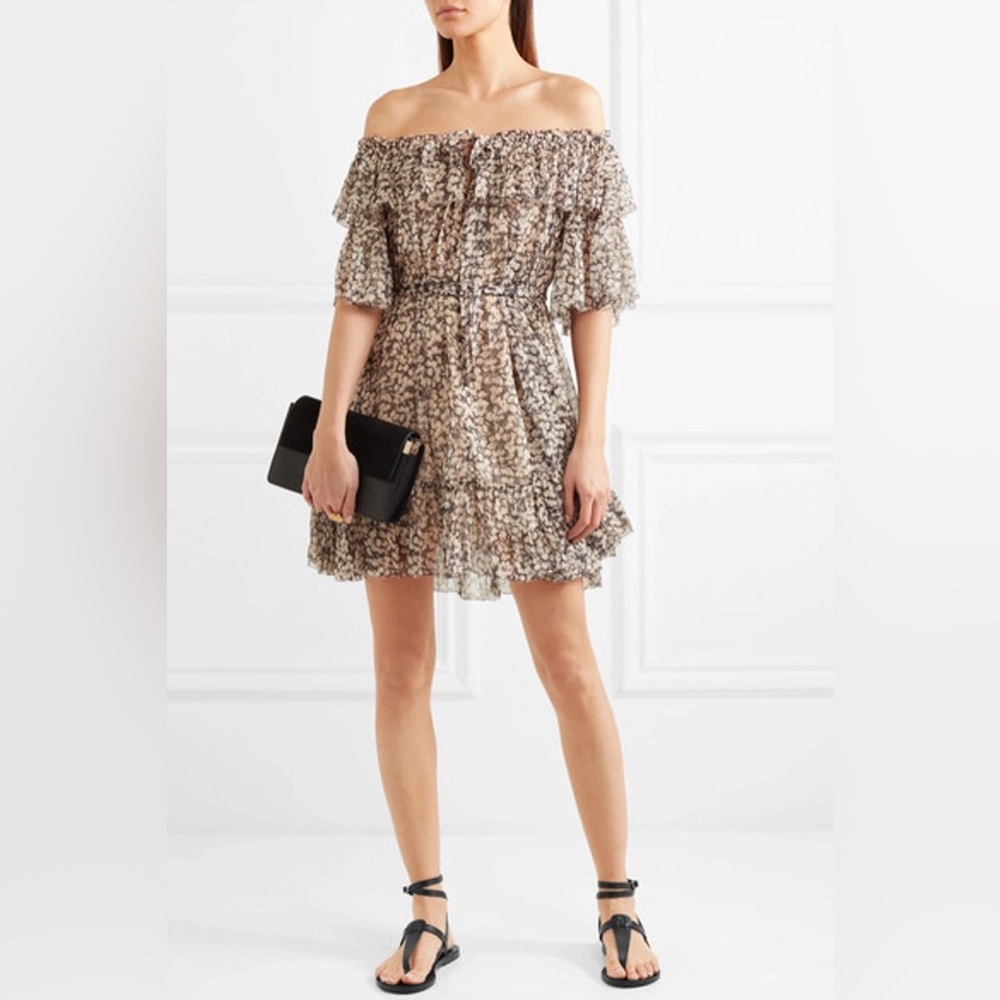 Zimmermann Prima Off Shoulder Silk Chiffon Cherry Frill Mini Dress. Size US 6